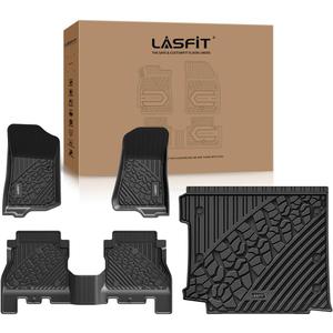 LASFIT Floor Mats & Trunk Mat for Jeep Wrangler JL 2018-2025 4 Door Gas Type with Subwoofer and Flat Load Floor (Not for JK/Not PHEV/Not 2-Door) All Weather TPE Custom Fit Car Mats Cargo Mat Black