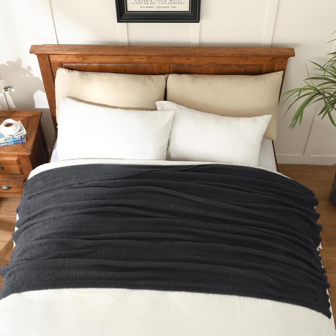 JOOJA Knitted Dark Grey Black Throw Twin Size Blanket Polyester Soft Fleece Blanket for Couch Bed Sofa 60x80 Inches Charcoal Gray