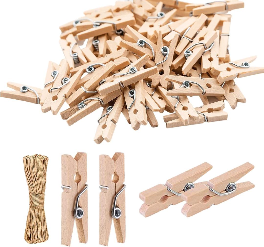 Mini Clothes Pins 200 Pcs - 1" Wooden Clothespins with 11FT Jute Twine, Small Tiny Clips for Photos, Crafts, Home Decor & Art Projects, Reusable Multi-Purpose Clothespins for DIY Projects