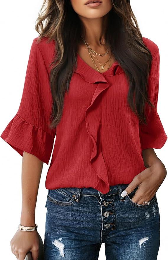 siliteelon Womens Blouses Dressy Casual 3/4 Sleeve Ruffle Bell Top Ladies Business Formal Work Shirt Spring Trendy 2026 (Large, Wine Red)