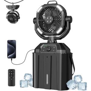 NYXQUARK Portable Misting Fan with 25000mAh Reverse Charging & Remote Control, Auto-Oscillating LED Outdoor Cooling Fan, Stepless Speed, Waterproof Design for Camping, Patio, Pets, Garden Use (Black)