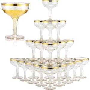 Zopeal 100 Pcs Plastic Champagne Glasses 5 oz Plastic Coupe Disposable Cocktail Cup for Wedding Party Birthday Anniversary Stackable Reusable Martini Glasses(Gold Rim, Gold Glitter)