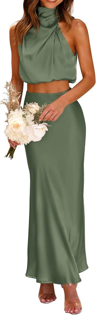 PRETTYGARDEN Women's 2 Piece Satin Outfits Summer Sleeveless Mock Neck Crop Tops and Long Skirt Dress Sets (Green, S)