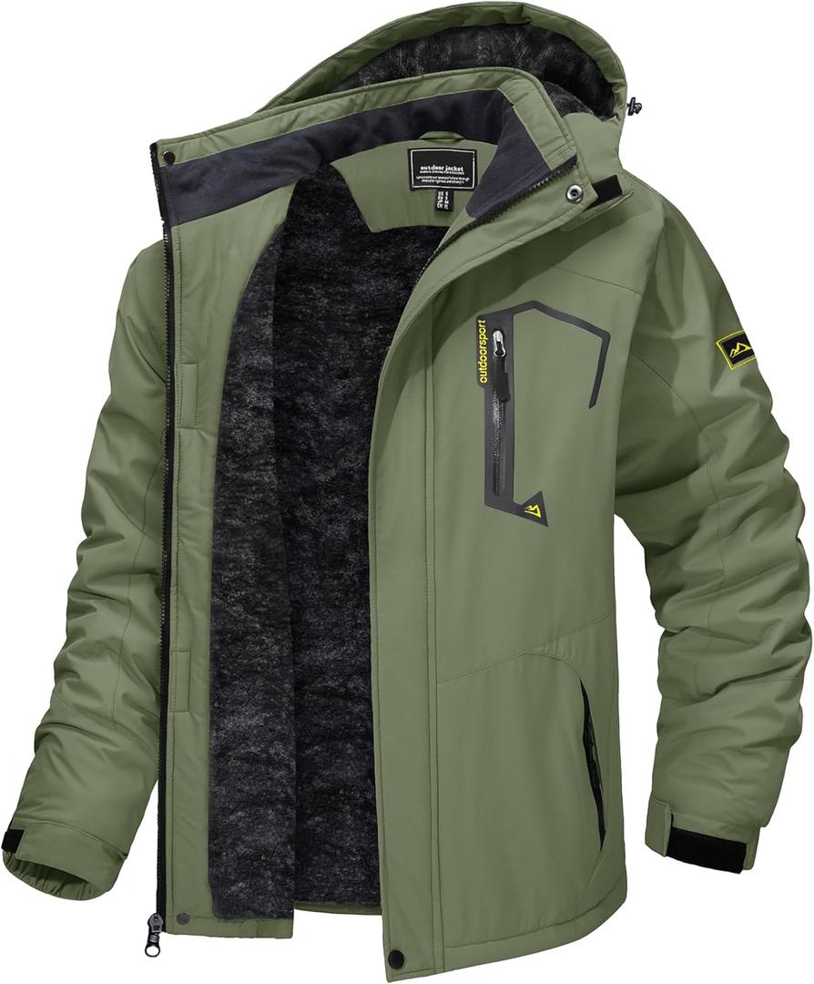 TACVASEN Men's Winter Skiing Jackets Water Resistant Fleece Coats Insulated Thermal Snowboard Jacket Parka Raincoat with Hood (#215 Gray Green, B)