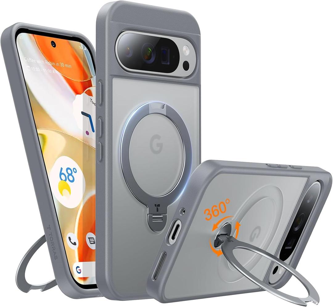 TORRAS 360 Spin Magnetic Stand for Google Pixel 9 Pro XL Case, 12FT Military Grade Protection, Compatible with Magsafe, Shockproof Slim Pixel 9 Pro XL Phone Case with Kickstand & Ring Holder, Gray