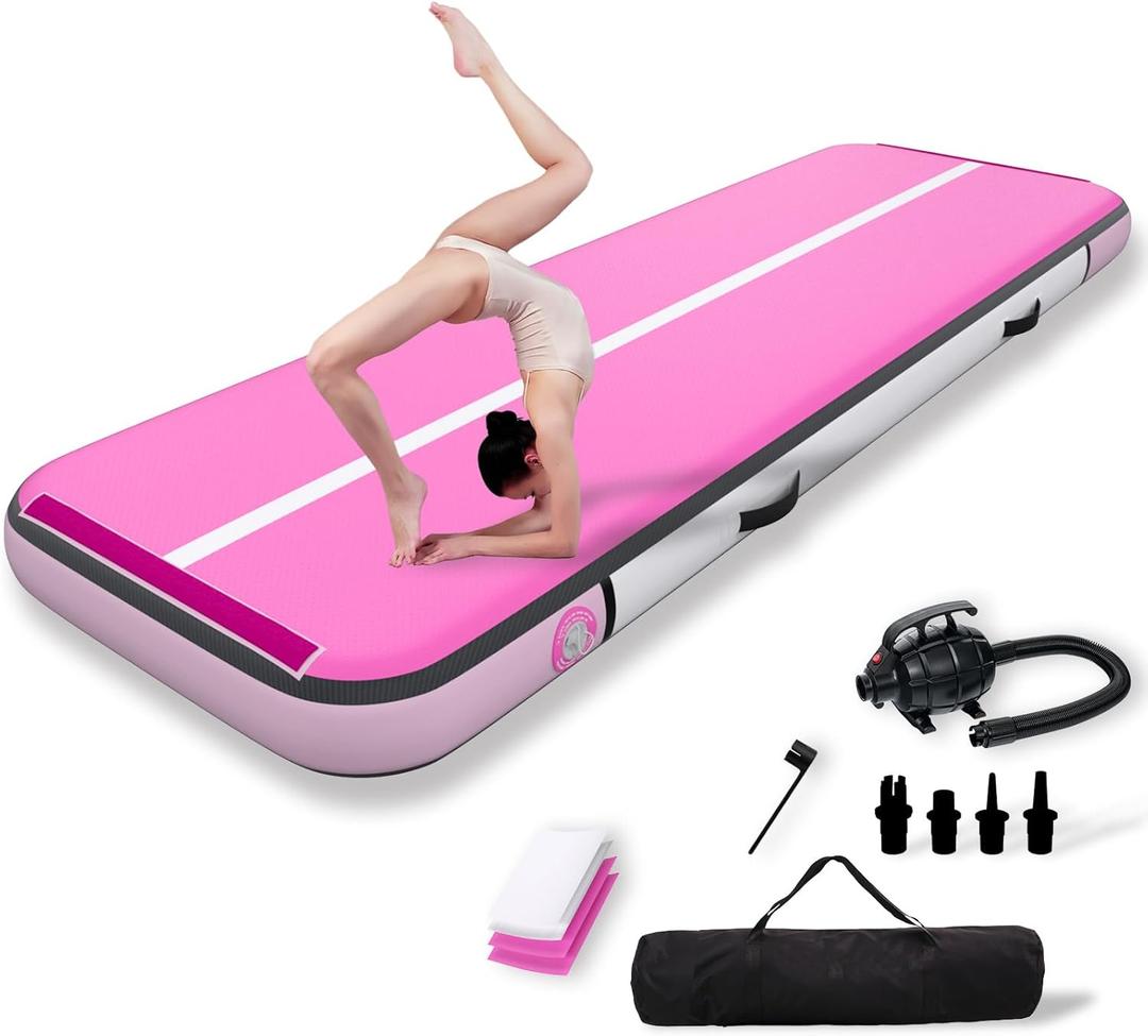 Inflatable Tumbling Mat for Kids – 10ft Pink Inflatable Gymnastics Training Equipment with Carrying Bag | Non-Slip Tumbling Mat for Home Use, Yoga & Cheerleading | Waterproof Design