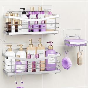 ODesign Shower Caddy 3 Pack-Shower Organizer Shelves Rack Rustproof SUS304 Stainless Steel for Bathroom Storage&Kitchen-No Drilling Adhesive Shower Caddy Shelf Dorm Room Essentials-Silver