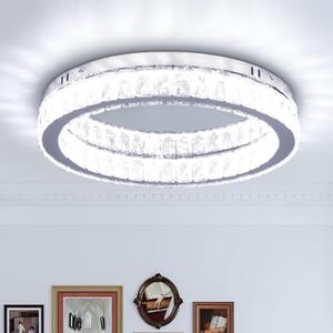 Modern Crystal Chandelier, 17.7" Round LED Flush Mount Ceiling Light, 48W