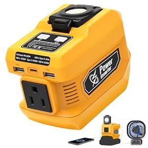 220W Power Inverter Compatible with Dewalt 20V Battery
DC 20V to AC 110V-120V Portable Power Generator, Inverter with 2 USB Ports &1 Type-C &1 AC Outlet, 400 Lumen LED Light