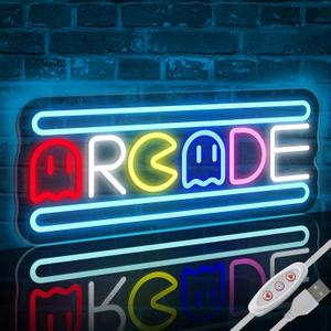 Arcade Neon Light Sign LED USB Powered Dimmable, Retro Ghost Arcade Game Room Neon Lighted Sign for Gaming Room Wall Decor Man Cave for Bedroom Baseroom Decorations Gift