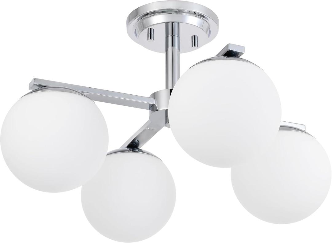 Chrome Semi Flush Mount Ceiling Light, 4-Ligh Modern Kitchen Lighting Fixtures with Globe Glass Shade, Hallway Light Fixtures Ceiling Mount for Dining Room, Living Room, Bedroom, Foyer