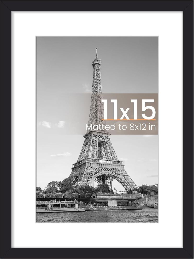 upsimples 11x15 Picture Frame, Display Pictures 8x12 with Mat or 11x15 Without, Wall Hanging Photo Frame, Black, 1 Pack