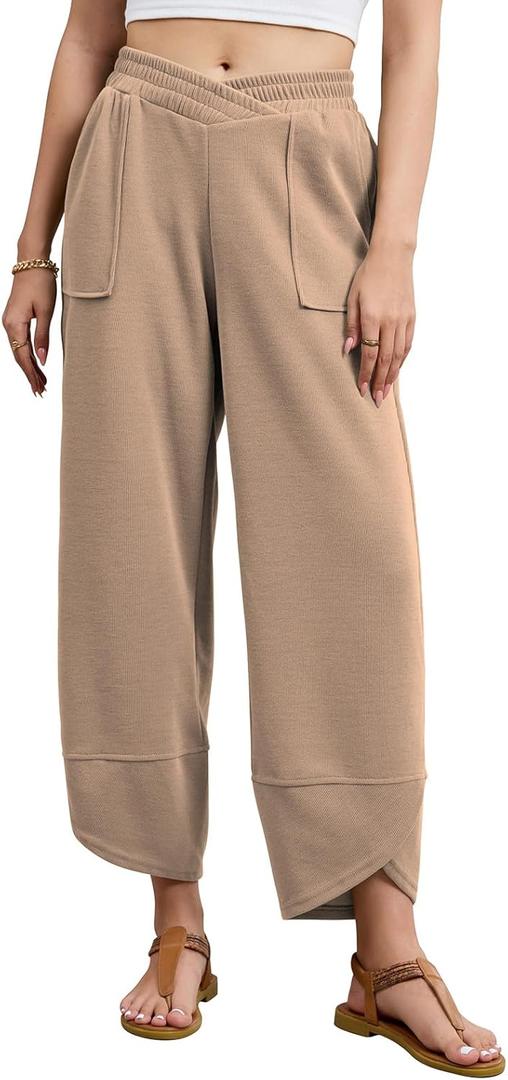 Viracy Women's Baggy Wide Leg Pants Casual Cross Elastic Waist Palazzo Wrap Hem Harem Pants with Pockets (X-Large, Khaki)