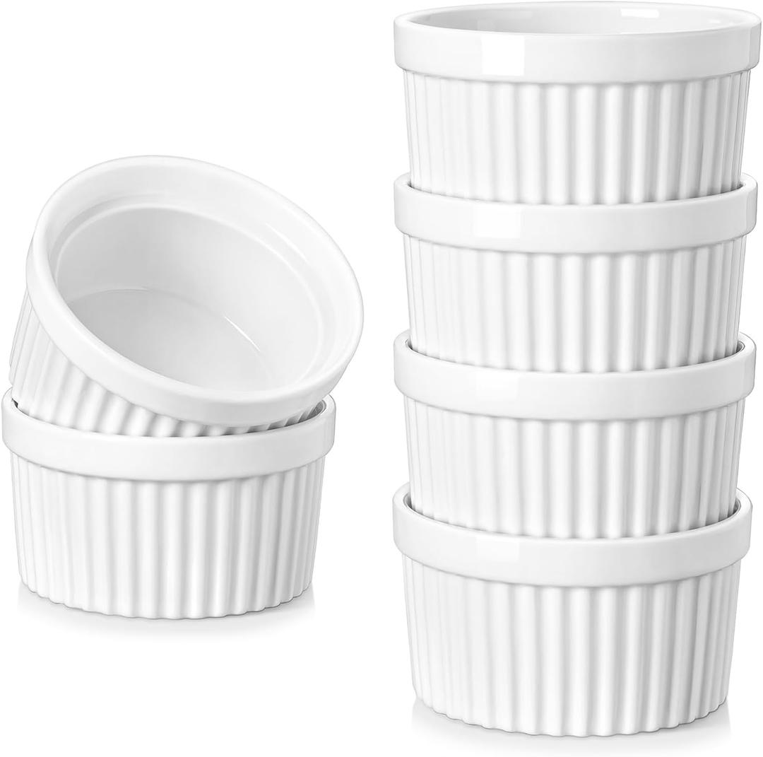 vancasso 8 oz Ramekins Set of 6, White Porcelain Creme Brulee Souffle Ramekins for Baking, Pudding Custard Cups, Dipping Sauces, Dishwasher and Oven Safe, White