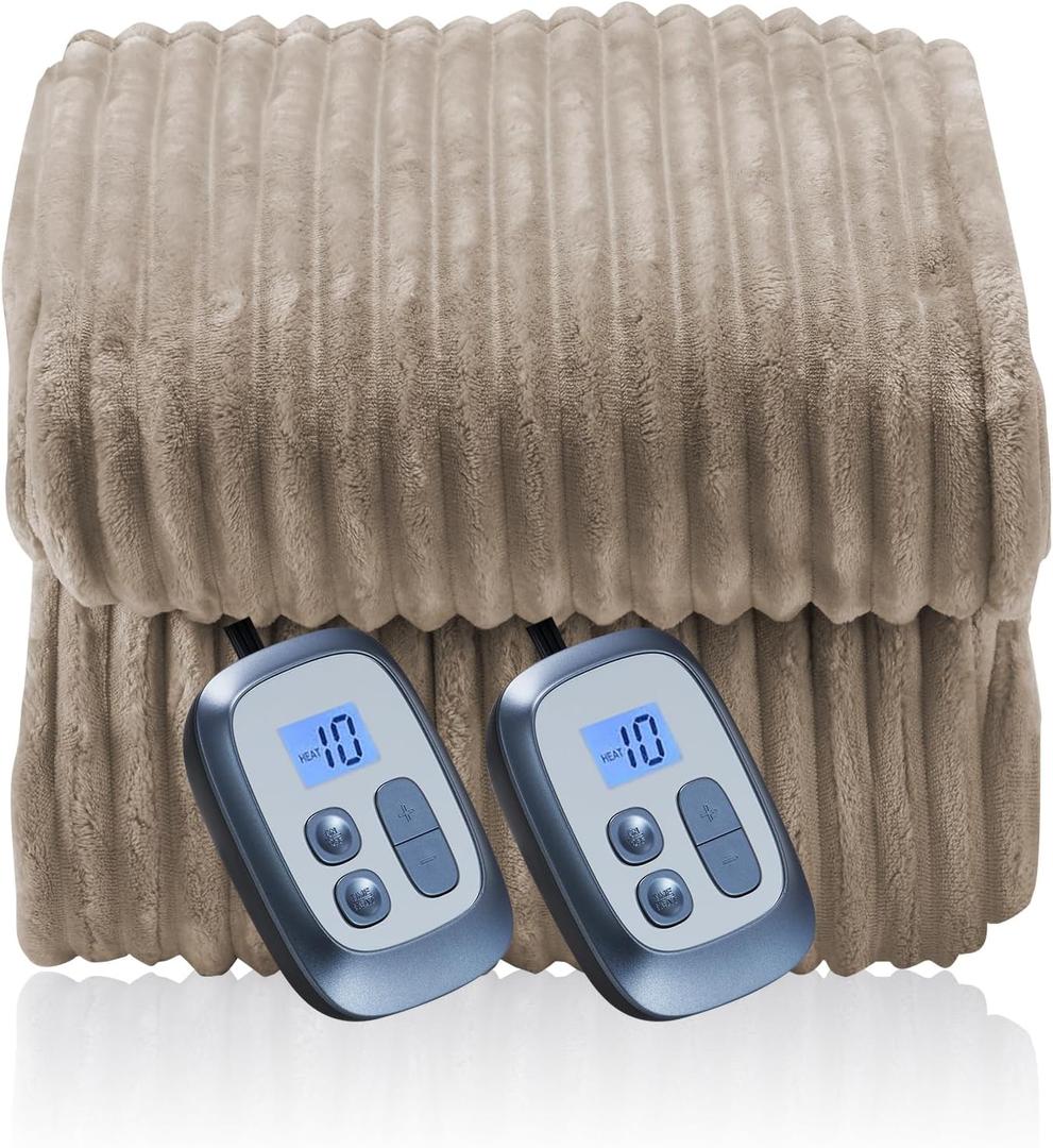 Electric Blanket 84"x90" Queen Size Heated Blanket with 10 Heat Settings & 1-12 Hours Auto-Off,Reversible Cozy Silky Flannel Fabric Warm Blanket Large Size for Full Body - Camel