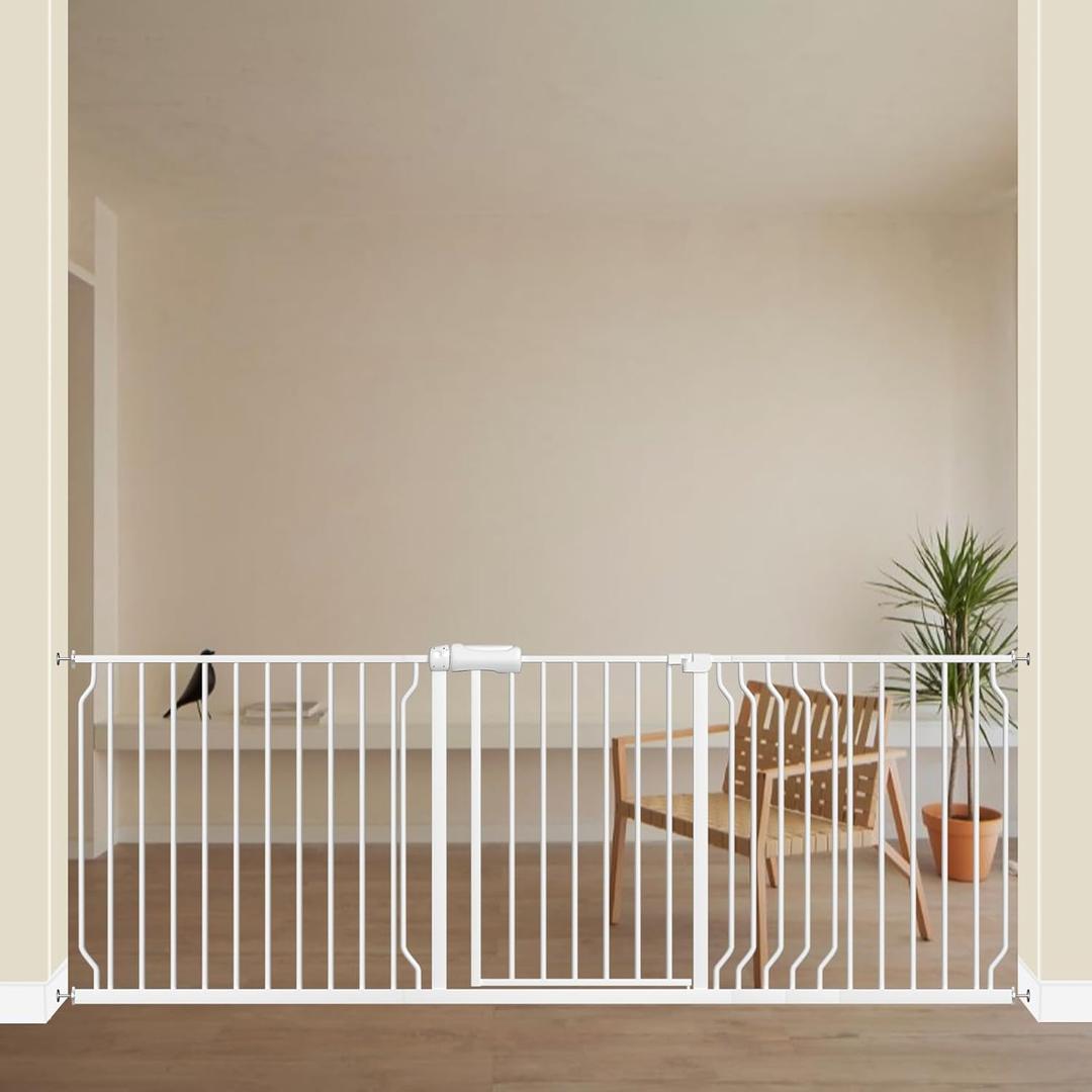 ALLAIBB Extra Wide Pressure Mounted Baby Gate Walk Through Child Kids Safety Toddler Tension White Long Large Pet Dog Gates with Extension for doorways Kitchen (71.65-85.03"/182-218cm, White)