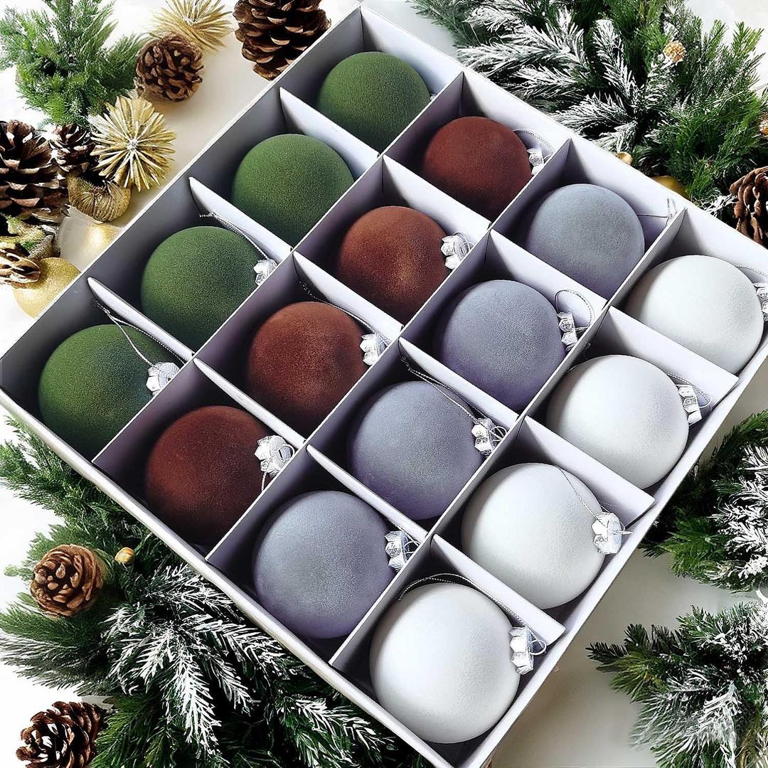 16 Pcs Velvet Christmas Balls, 3.15" Shatterproof Flocked Ornaments, Velvet Christmas Tree Balls, Brown Green Beige Dusty Blue