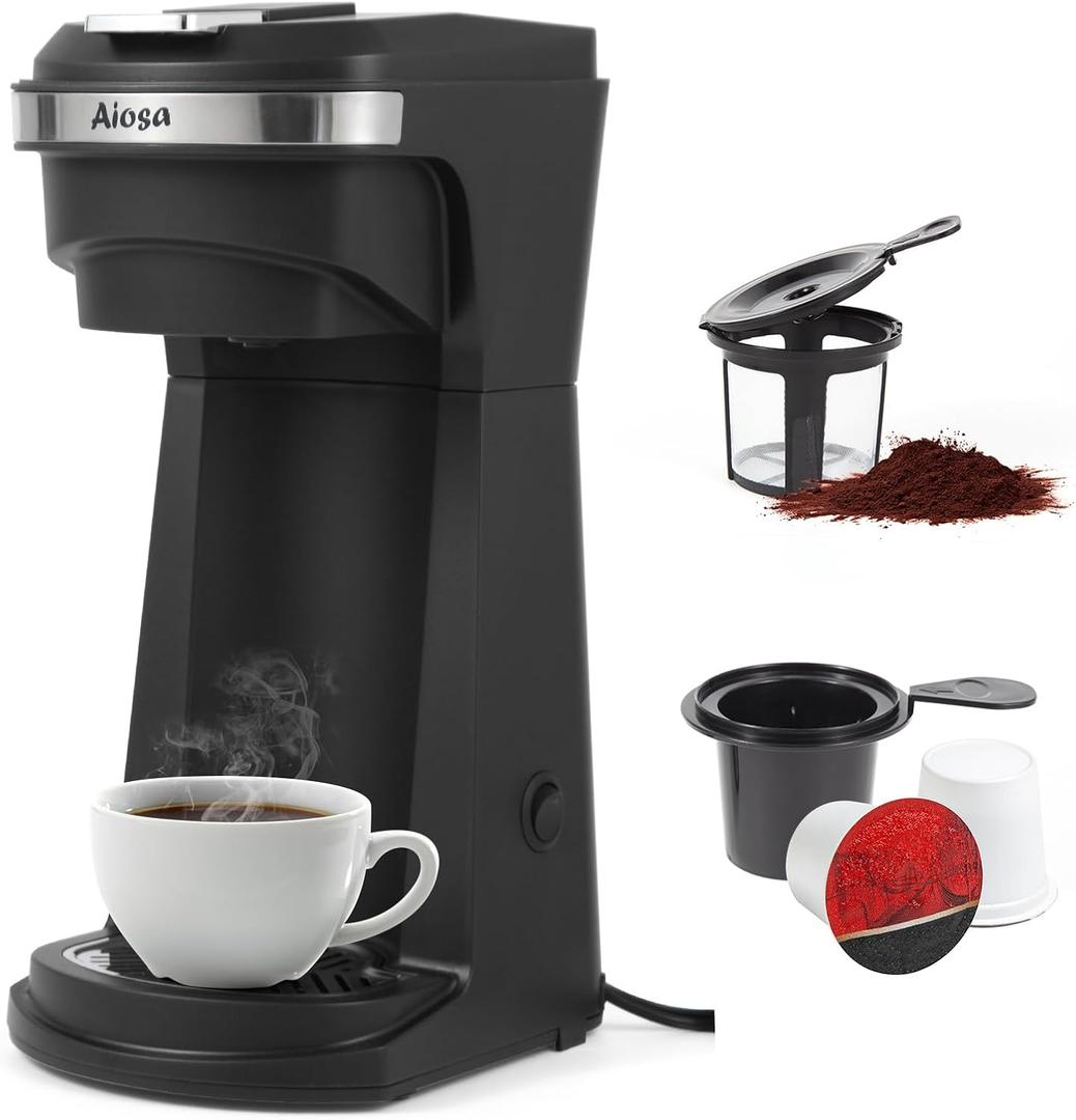 2 in 1 Single Serve Kcup Coffee Maker (6-14Oz), 800W Fast Brew, Compact Design with Reusable Filter, One-Button Auto Shut-Off, Travel Mug Fit, Compatible with K-Cup/Ground Coffee/Tea, Black