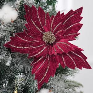 WishTip 6 Pcs 12" Large Glitter Poinsettia Artificial Christmas Flowers with Stems Xmas Tree Wreath Ornaments New Year Home Wedding Party Decor (Burgundy)