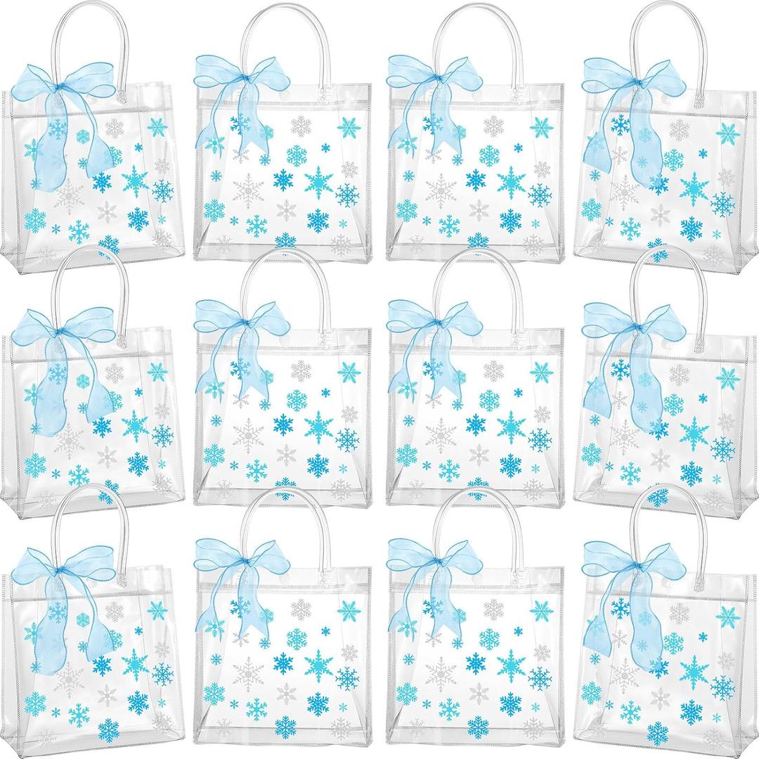 Henoyso 12 Pcs Snowflake Clear Gift Bags Princess Winter Party Favors Bag Valentines Plastic PVC Goodie Candy Treat Tote with Handle Gift Wrapping Supplies, 7.8 x 3.1 in (Blue Snowflakes)