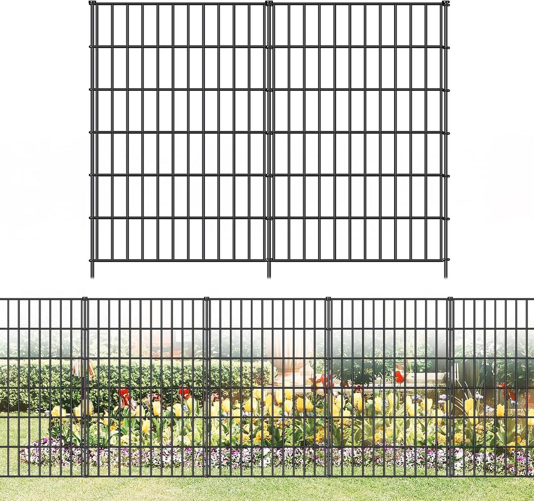 FOREHOGAR Metal Garden Fence 40in (H) x 23.3ft (L), 10 Panels + 11 Stakes Dog Fences Border Fence Animal Barrier, No Dig Garden Fencing for Yard Flower Bed Lawn Patio Outdoor, PIN402810 Black