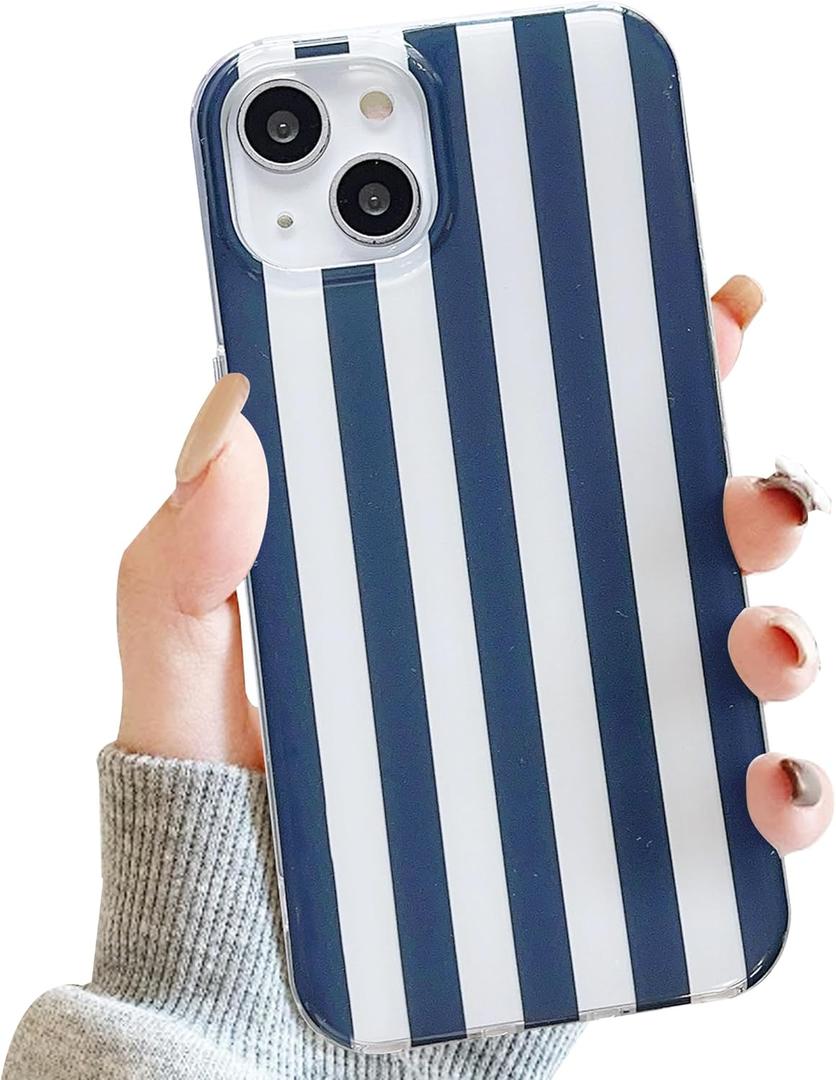 Compatible with iPhone 13/14 CaseCute Aesthetic Striped Soft TPU Shockproof Phone Case for Women Girl-Navy Blue