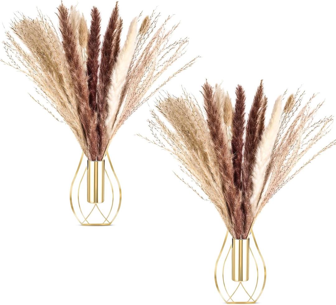 Otoolling 2 Pcs Boho Wall Decor Metal Wall Art Hanging Planter with Artificial Pampas Wall-mounted Modern Home Decor Display Artwork Plant Hanging Vase for Bedroom Living Room Kitchen Bathroom (Gold)