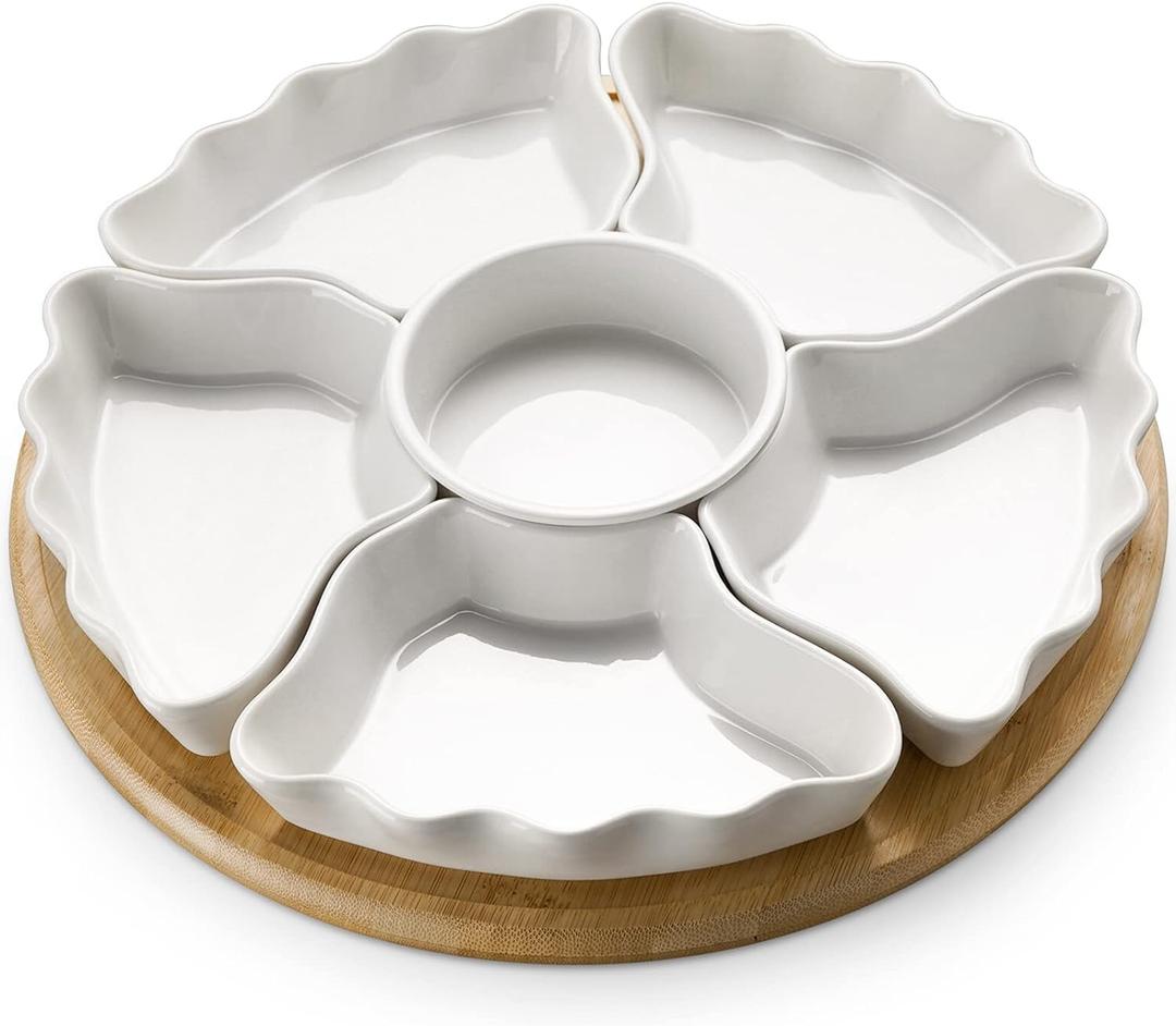 DOWAN 360 Rotatable Serving Tray and Platters, 12 Inch Divided Serving Bowls for Party, Kitchen Decor, Removable Serving Dishes for Chips and Dip, Fruit, Veggies, Candy and Snacks, 7 Pieces, White