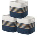 UBBCARE Set of 3 Storage Cubes 11 X 10.5 X 10.5 in, Water Hyacinth Storage Bins for shelves, Toys, Book, Storage Baskets with Handles, Cotton Rope Woven Baskets for Organizing, Navy Blue