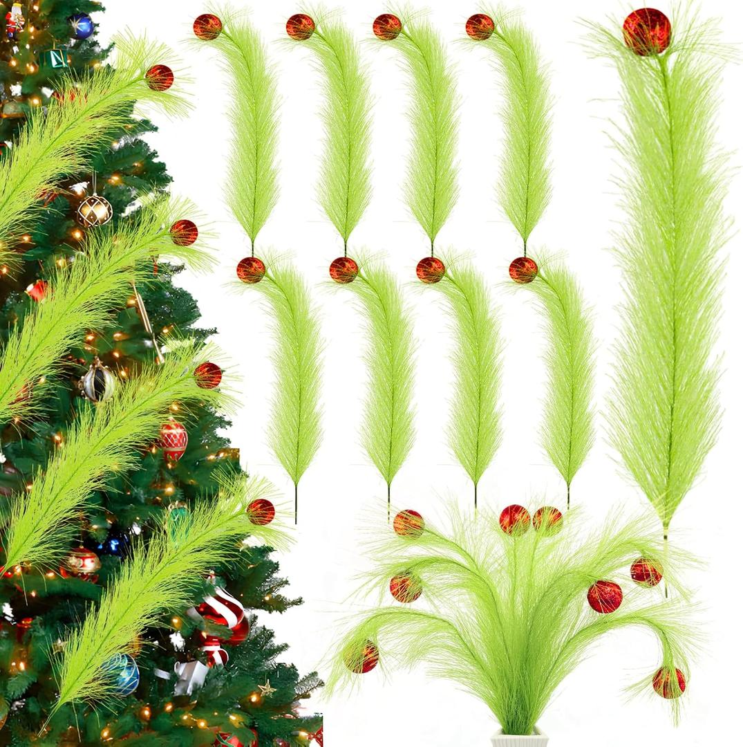 2 x Green Furry Christmas Picks 8pcs Lime Furry Christmas Tree Topper Decoration Green Curly Tree Picks with Red Ball Greens Pampas Grass Xmas Pick Elf Ornament for Xmas Wreath Vase Filler