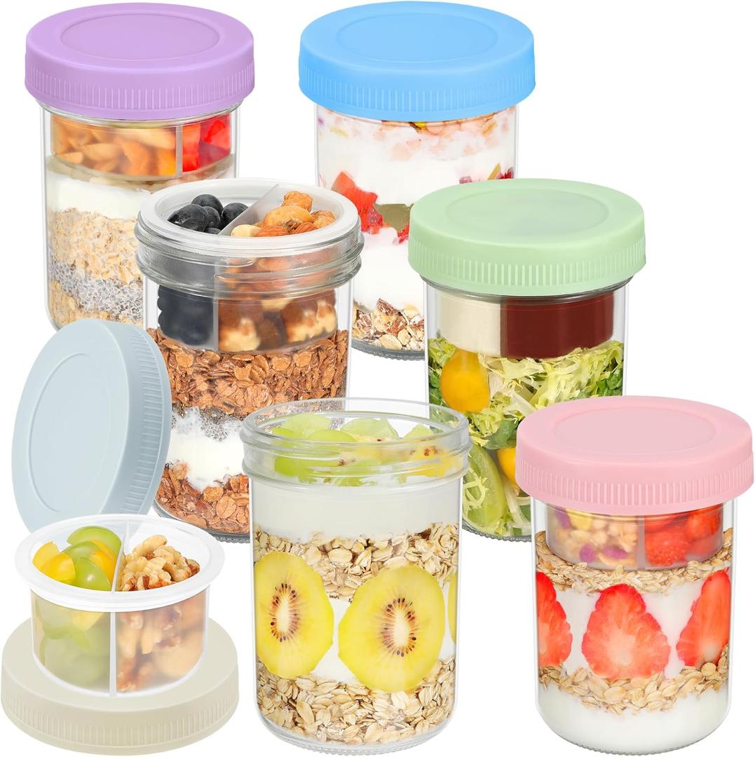 Xyptorix 16 oz Overnight Oats Containers with Airtight Lids - 6-Pack Leak-Proof Wide Mouth Mason Jars & Divided Cups for Dried and Wet Foods, Glass Jars for Chia Pudding, Salad, Snacks, and Yogurt