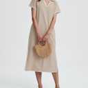 Women's Polo V Neck Midi Dress Short Sleeve RIC Rac Loose Split Long Shirt Dress Khaki (XL)