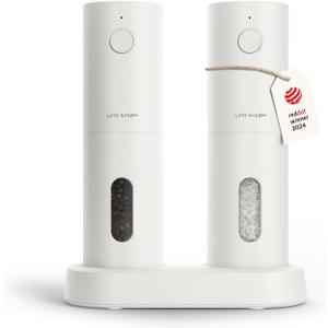 LARS NYSM Electric Salt and Pepper Grinder Set, USB Rechargeable, Automatic Salt and Pepper Mills, Spice Shakers Refillable with LED Light, Adjustable Coarseness, Ceramic Grinder (Pure White)