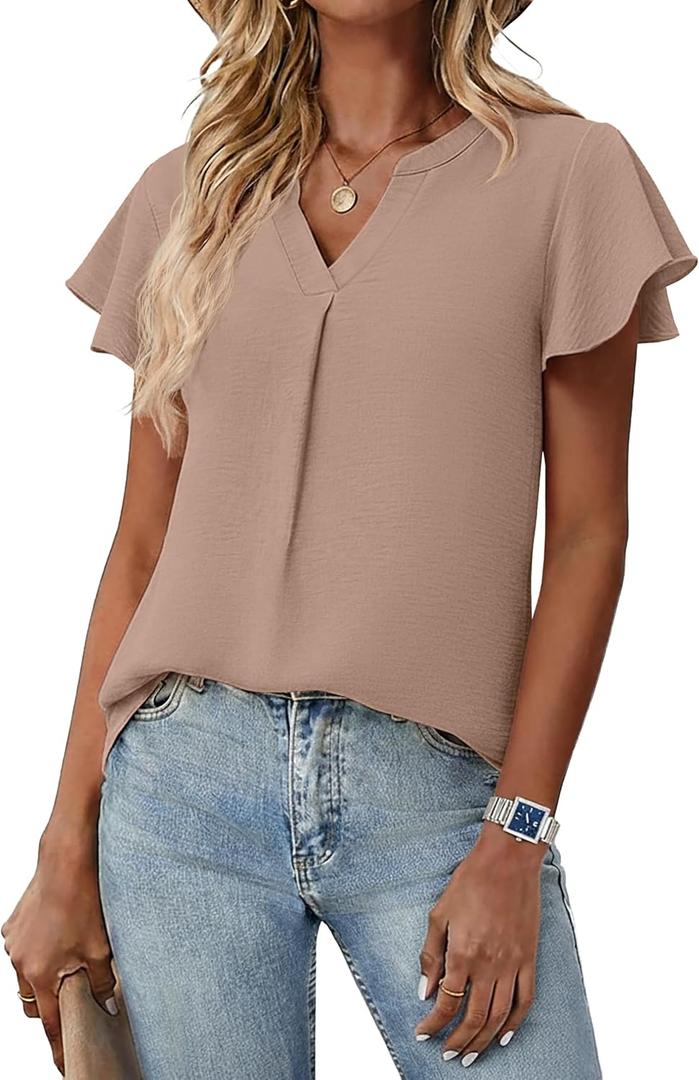 Womens Spring Tops Summer Dressy Casual Cute V Neck Ruffle Sleeve Blouses Flowy Shirts (Beige, S)
