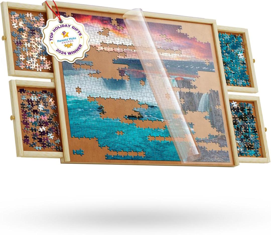 1000 Piece Wooden Jigsaw Puzzle Board - 4 Drawers, Non-Rotating Puzzle Table | 30 X 22 Jigsaw Puzzle Tables | Plastic Cover Included - Portable Puzzles Tables for Adults by Beyond Innoventions