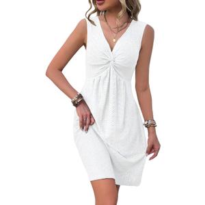 LLHXRUI Women's Twist Front V Neck Ruffle Casual Summer Dress Sexy Elegant Sleeveless Club Party Tunic Bodycon Mini Dresses(Large, White)