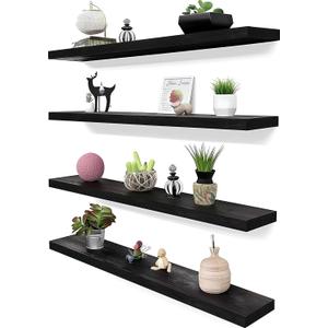 36 Inch Black Wood Floating Shelves for Wall Rustic Wall Shelf for Bedroom Living Room Set of 4, 36Incn