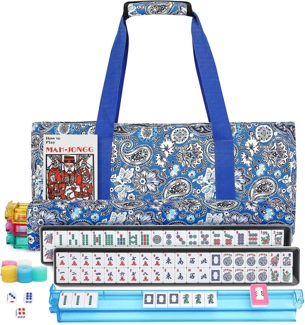 Suncle American Mahjong Tile Set,166 White Tiles Mahjong Set, 4 All-in-One Rack/Pushers,Travel Mahjong Set with Flower Carrying Bag