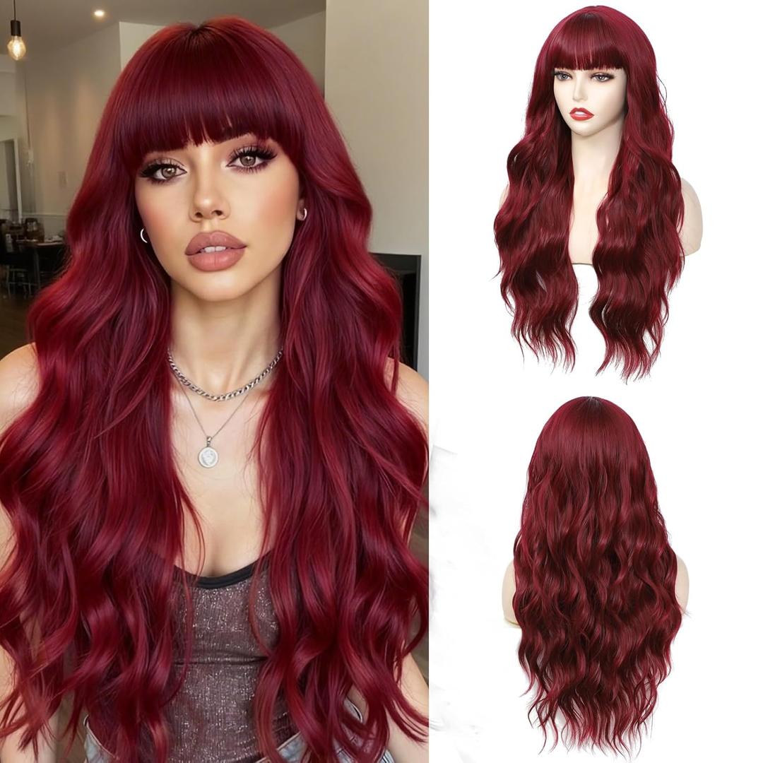 Burgundy Wig With Bangs Long Wavy Wine Red Wigs for Women 26 Inch Curly Wavy Wig With Bangs Natural Looking Synthetic Heat Resistant Fiber Wig for Daily Party Use