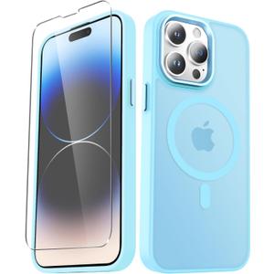 YENAPOON for iPhone 14 Pro Case, Matte Magnetic Phone Case with 1 Screen Protector, Support for Magsafe, Translucent Frosted Slim Shockproof Protective Cover for iPhone 14 Pro 6.1 inch, Light Blue