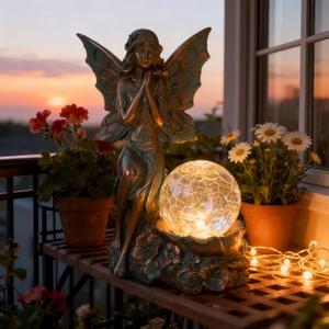10" Bronze Fairy Solar-Powered Garden Statue, Crackle Glass Globe Solar Light, Outdoor Garden Decor Solar Light, Weatherproof Resin Fairy Decorative, Sunflower Fairy for Patio Yard Lawn