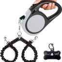 Dual Retractable Dog Leash for Walking 2 Small Dogs(Up to 44 Lbs Each) - Double Headed 16ft Extendable Pet Leash with Poop Bags, Non Slip Grip, One Button Control, 360 Tangle-Free (Gray, Medium)