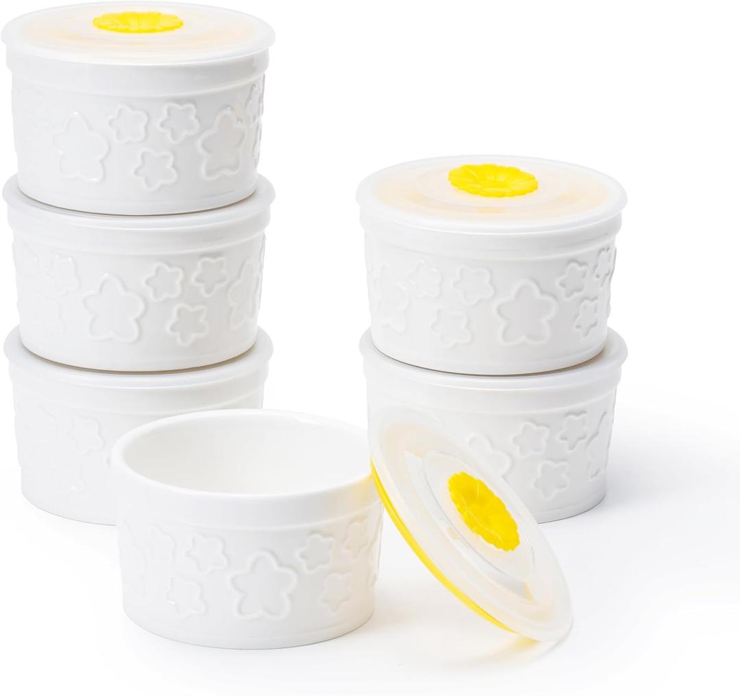 REANRO 10 oz Ramekins with Lid Set of 6, Porcelain Creme Brulee Souffle Bowls, White Pudding Cups Ramiken Oven Safe for Baking(White, Star)