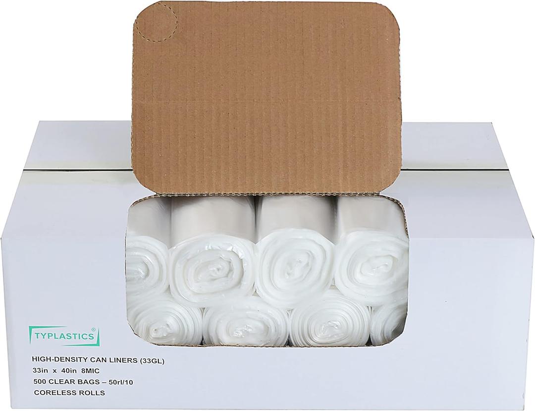 TYPLASTICS 33 Gallon Clear Trash Can Liners - 33" x 40" - High Density Garbage Bags - Case of 500 - Multipurpose for Office, Outdoor, Recycling, Industrial and Commercial (1 Count (Pack of 500))