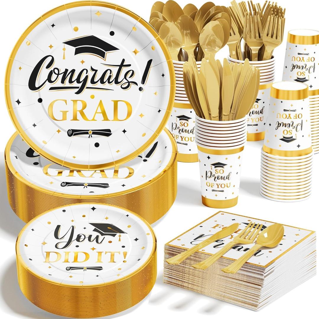 Ecomore Graduation Decoration Class of 2026, 350PCS Graduation Party Supplies Disposable Dinnerware(Serve 50) with Paper Plates Cup Napkin Fork Knife Spoon College High School Grad Decor(White & Gold)