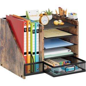 Marbrasse Desk Organizer with File Holder, 5-Tier Paper Letter Tray Organizer with Drawer and 2 Pen Holder, Mesh Desktop Organizer and Storage with Magazine Holder for Office Supplies (Wood-Brown)