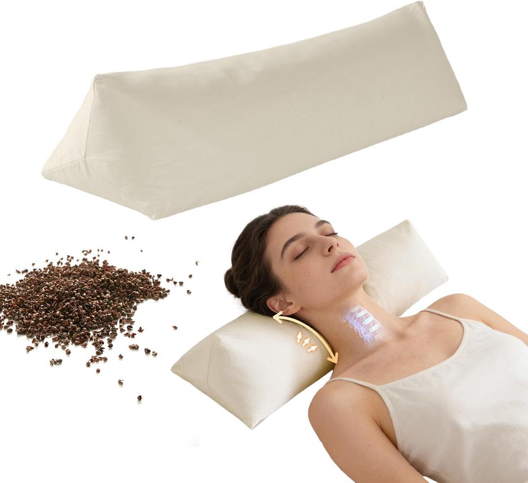Buckwheat Pillow - Adjustable Buckwheat Neck Pillow(17x6) to Provide Firm Support, Neck Roll Pillow for Side and Back Sleepers, Bolster Pillow with Organic Pillowcase, Triangle Pillows