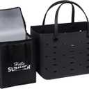 PoVwlty Rubber Beach Bag with Insulated Cooler,Waterproof Tote for Summer, (BLACK, Medium)