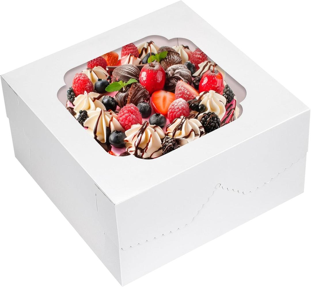Moretoes 24pcs 12 Inch Cake Boxes, Bakery Containers with Window (12x12x6)
Disposable White Containers, Easy to Assemble, 400gsm Thickness Cardboard, Sturdy to Take-out