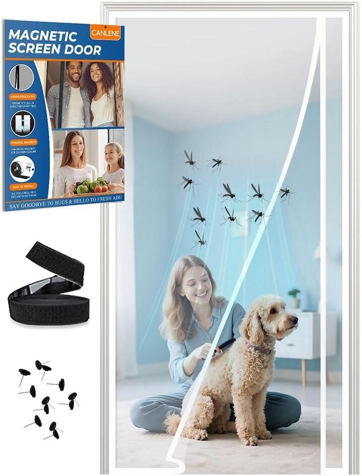 Magnetic Screen Door Left Right Side Opening Polyethylene Terephthalate Mesh Greater Than Fiberglass and Polyester Easy Install (Screen 32"x98", White)